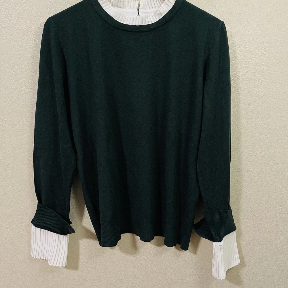Vila Milano Green Knit Sweater‎ Pleated Mock Neck Cuffs Victorian Wool Blend XL